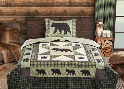 Virah Bella Bear Star 2 Piece Twin Quilt Bedding Set, Rustic Cabin Forest Plaid Country Comforter with 1 Matching Standard Pillow Sham, Soft Lightweight Bedspread for All Season Comfort, Sage Green