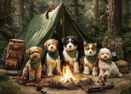 Jigsaw Puzzles 500 Pieces for Adults, Dogs Camping in Forest & Campfire