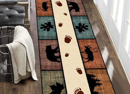 Kuluoits Black Bear Runner Rug,2x7ft, Lodge Cabin Wildlife Bear Moose Forest Woodland Hallway Rugs, Buffalo Plaid Long Runner Non-Slip Washable Farmhouse Floor Mats for Bedroom Living Room