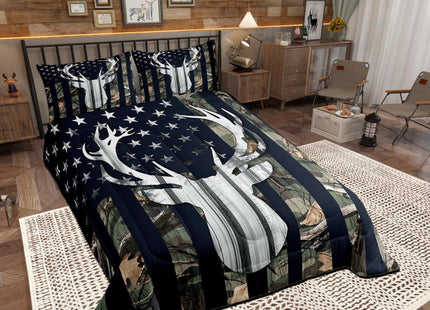 Rustic Deer Boys Bedding Set Queen Size,Deer Antlers Wild Animal Hunting Comforter Set,Army Green Camo Comforter Stars Stripes USA Flag Quilt with 2 Pillowcases, Camping Theme RV Cabin Lodge Decor