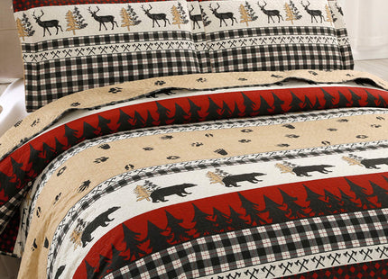 Jessy Home Quilt Set Queen Size Rustic Bedding Home Decor, 3 Piece Set, Black Bear Moose Quilt, Lightweight, Reversible
