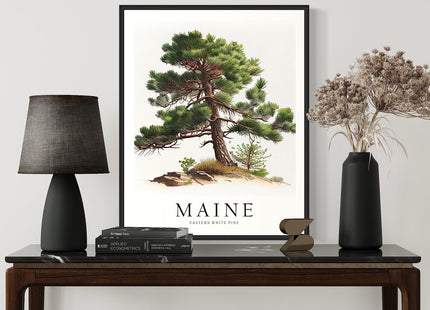 Maine State Tree Art Print, Maine Poster Wall art Decor, Maine State Map Travel Poster, Home Office Wall Decoration, Bedroom, Living Room Artwork. (Maine E, 16x20 inches + (Black Frame))