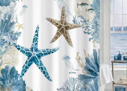 Blue Beach Shower Curtain for Bathroom, Ocean Coastal Theme, 72x72 In