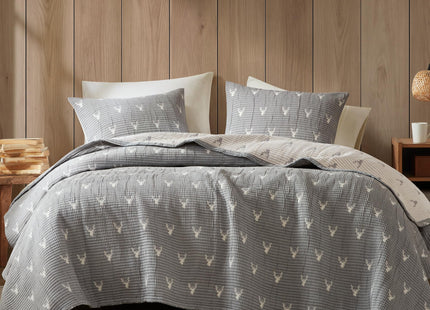 Woolrich Coverlet Set Rustic Lodge Design, 3 Piece Set All Season, Lightweight Reversible Farmhouse Bedspread Bedding, Shams, Full/Queen, Gray
