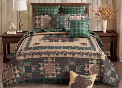 Virah Bella Bear Pines 3-Piece King Quilt Set - Reversible Rustic Cabin Bedding with 2 King Pillow Shams - Soft Woodland Forest Lodge Quilt Coverlet, 105" x 95", Brown and Green Plaid