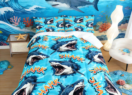 HOSIMA Shark Comforter Set Twin Size,Ocean Theme Bedding Set for Kids Boys,3D Shark Pattern Nautical Comforter Set,Sea Animal Theme Ocean Decor Bedroom Collection with 2 Pillowcases.