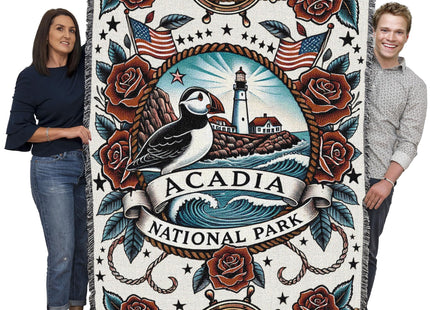 Pure Country Weavers Acadia National Park Tattoo Style Blanket - Gift Cotton Tapestry Throw - Made in The USA - 72" x 54"