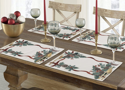 Lintex Evergreen Garland Double Ribbon Bordered Christmas Fabric Table Runner, 70 Inch Long, Holly and Pine Cone Print, Easy Care Country Cottage Holiday Runner for Dining and Buffet Tables