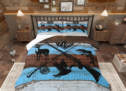 Castle Fairy Animal Hunting Comforter Set Full Size,Wild Deer Mallard Fish Print Bedding Comforters Lodge Decor,Rustic Farmhouse Blue Wooden Barn Quilt Set with 2 Pillowcases,Xmas Present