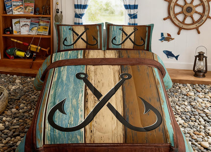 Manfei Lake House Kids Comforter Set Twin Size,Fish Hook Anchor Fishing Nautical Bedding Set,Girls Boys Adults Room Decor,Old Wooden Board Cabin Down Comforter,Rustic Retro Duvet Insert,1 Pillowcase