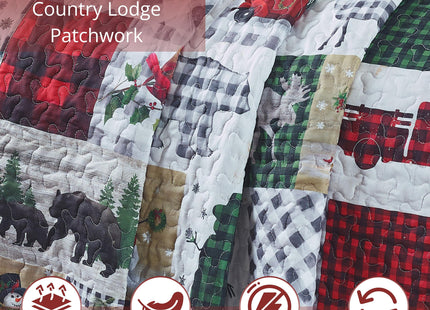 Virah Bella Country Lodge Patchwork 3-Piece Full/Queen Quilt Set - Buffalo Plaid Bear, Moose & Snowman Bedspread Coverlet - All-Season Rustic Winter Bedding with 2 Standard Shams, 90" x 90"