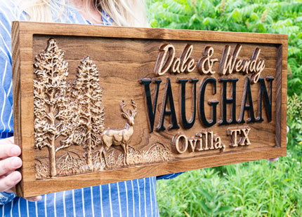 Custom 3D Wood Cabin Family Name Sign | Deer Hunting Wedding Gift