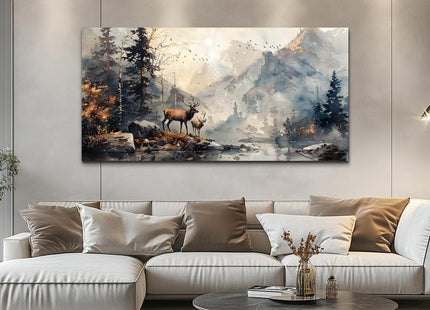 FUHAIHUA Canvas Wall Art for Living Room, Mountain Forest Deer Landscape 30x60 Inches