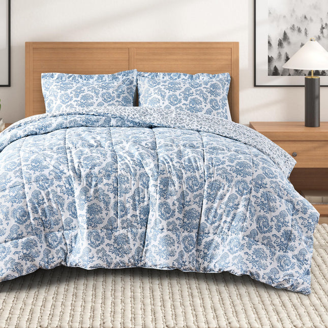 Great Bay Home Twin/Twin XL Size Holiday Comforter Set - Down Alternative 2 Piece Comforter Sets - All Season Bedding, Winter, Lodge Inspired Bedroom Decor (Woodland Toile Blue)