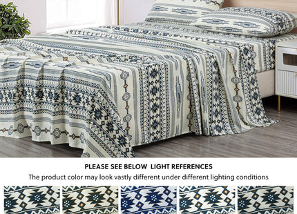 Chezmoi Collection 4-Piece Southwestern Tribal Lodge Bed Sheet Set, Queen Size - Ivory Navy Brown Red Printed Microfiber Soft Breathable Deep Pocket Sheets and Pillowcases Set