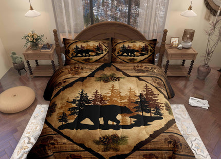 Lodge Cabin Bedding Set Queen Size 3 Pcs,Bear Wild Animal Silhouette Print Comforter Set for Kids Teens Adults,Jungle Pine Trees Brown Wooden Stripes Rustic Quilted Comforter with 2 Pillowcases
