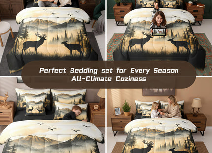jejeloiu Western Rustic Cute Deer Cabin Comforter Set Full with Sheets for Kids Boys Girls Hunting 7 Pieces Bedding Set Country Farmhouse Bed in a Bag Foggy Mountain Room Decor