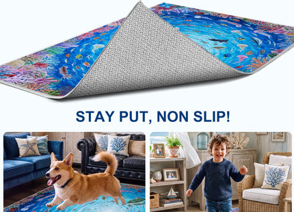 Ocean 5x7 Washable Area Rug for Kids Room, Non Slip Coastal Rug Fish Blue