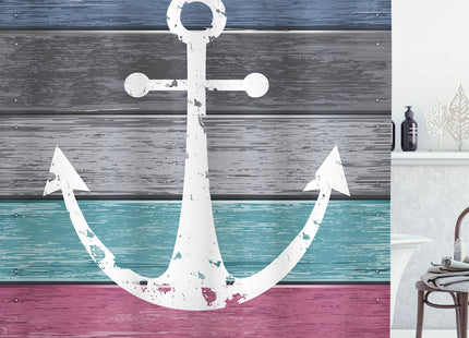 Ambesonne Anchor Shower Curtain, Weathered Themed Marine Nautical Ornament on Old Look Rustic Grunge Planks, Cloth Fabric Bathroom Decor Set with Hooks, 69" W x 84" L, Grey Seafoam