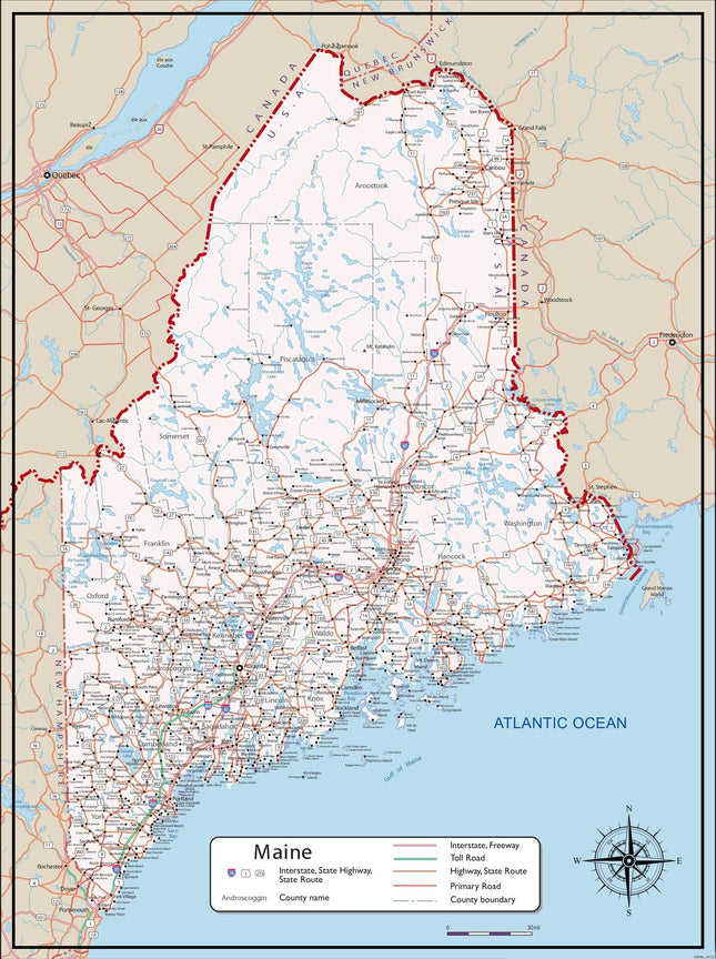 Wall Art Impact 24"x32" Large detailed map of Maine with cities and towns, interstates, highways [Laminated]