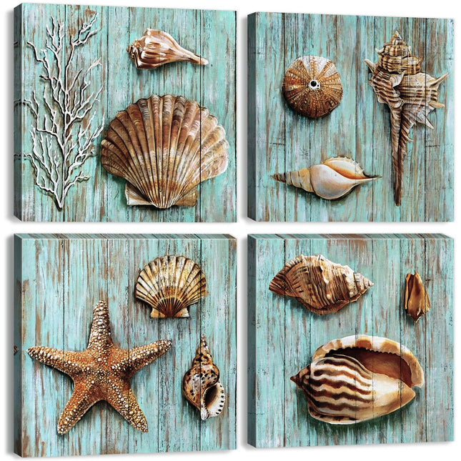 Teal Sea Shells Wall Art Nautical Seashell Bathroom Decor Vintage Coastal Wall Prints Rustic Beach Theme Pictures Ocean Starfish Canvas Paintings Posters Beachy Artwork Kitchen Decorations 12x12" 4Pcs