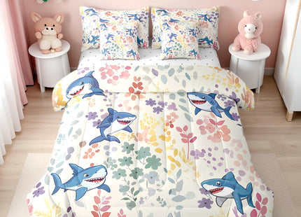 Erosebridal 7Pcs Ocean Shark Twin Comforter Set with Sheets,Colorful Floral Sea Animal Bedding Set for Kids Girls Boys,Cute Flower Bed in a Bag with Fitted Sheet,Flat Sheet,Pillowcases