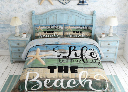 Castle Fairy Beach Life Comforter Set Twin Size Blue Green Rustic Farmhouse Bedding for Decor Starfish Cabin Wood Stripes Print Quilted Duvet Beach Camper Insert 2pcs(CYJS9694ZMD-BZ_USt)