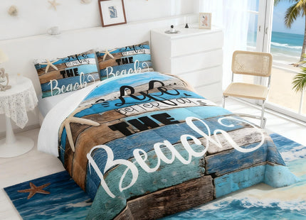 Castle Fairy Beach Life Comforter Set Queen Size,Blue Farmhouse Wooden Bedding Set for Kids Boys Girls Adults Room Decor,Hawaiian Ocean Quilt Set Starfish Sea Life Duvet Insert,2 Pillowcases