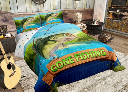 Castle Fairy Teens Lake Fishing Comforter Set Queen Size,Bass Fish Bedding Set for Kids Boys Girls Bedroom Decoration,Fish Rod Bed Duvet Insert,Hunting and Fishing Comforter with 2 Pillowcases