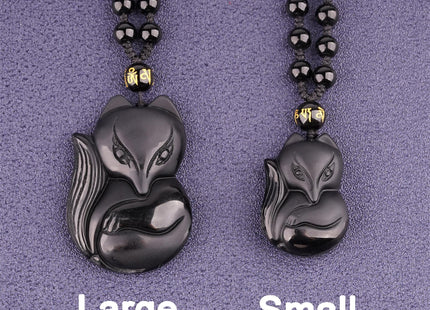 ASGIFT Lucky Fox Necklace Black Obsidian Big Fox Animal Amulet Protection Pendant with Adjustable Beads Chain Natural Crystal Fox Necklaces Jewelry For Women Men