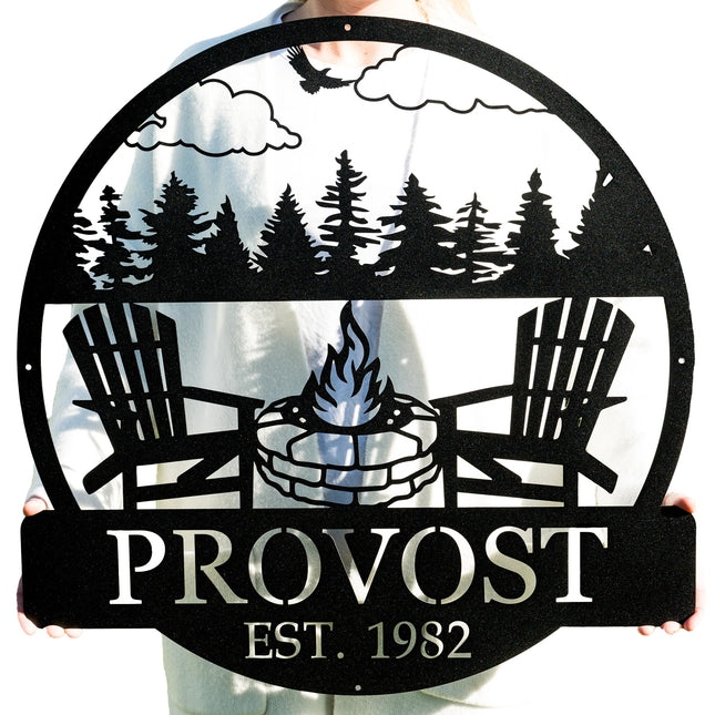 Custom Metal Campfire Outdoor Last Name Established Sign | Cabin Decor