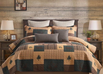 Finlonte Quilt King Size, 100% Cotton Cabin King Quilt, Lodge Cabin Farmhouse King Comforter Sets, Lightweight Reversible Qulted Bedspread Set for All Seasons, Dark Brown/Dark Green