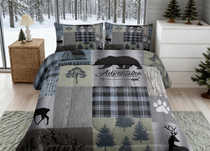 Hunting Deer Bear Comforter Sets Queen Size,Rustic Farmhouse Bedding 3pcs Kids Teens Men Cabin Home Decor Decor,Grey Plaid Patchwork Print Quilt Set Wild Animals Plants Duvet Insert,2 Pillowcases