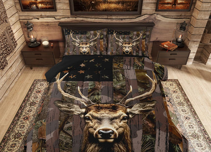 Camo Bedding Set for Boys Kids,Deer Comforter Sets American Flag Camouflage Down Comforter Hunting Woodland Moose Wildlife forest Twin Bed Set,Rustic Farmhouse Cabin Lodge Quit for Men Bedroom Decor
