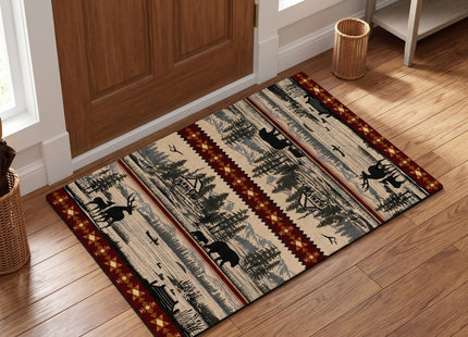 Rustic Wildlife Area Rug, 3x5 ft Bear Deer Elk Mountain Lake Cabin Design