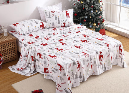 STARBEDIA Christmas Flannel Sheets King, 100% Cotton Holiday Bed Sheet Set, Deep Pocket Fitted Sheet, Soft Warm Brushed Christmas Sheet (King Size, Forest Deer)
