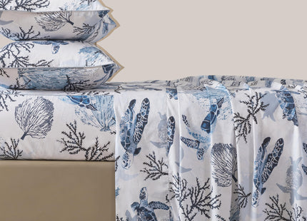 FADFAY Twin XL Sheet Set 4 Pieces, 100% Cotton Coastal Sea Turtle Bed Sheets, Soft Breathable College Bedding, Deep Pocket Fitted Sheet, Blue White Nautical Ocean Coral Seaweed Sheets for Dorm Room
