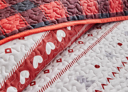 Christmas Quilt Set King Size 101x88 - White Stripes Red Deer Snowflake Cubes Gray Heart with Red Plaid - Xmas New Year Gingham Style Microfiber Winter Bedding Coverlet Thanksgiving Holiday Bedspread