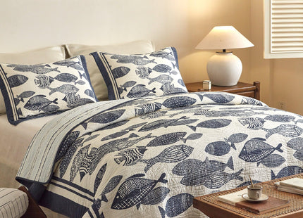 3-Piece Cotton Coastal Quilt Set, Navy Fish Bedspread with Shams, King