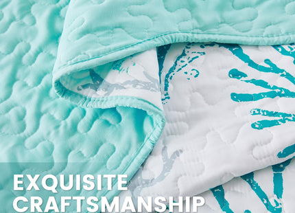Qucover Coastal Quilt King Size 98"x106", Ocean Beach Themed Bedding with Seashell Coral Pattern, Soft Lightweight Reversible Microfiber Bedspread, Nautical Coverlet for Summer, Teal Green