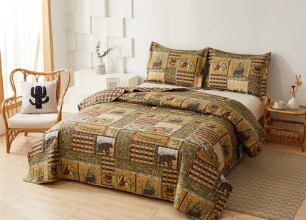 3 Piece Lodge Quilt Set King,Farmhouse Cabin Bedspread Coverlet,Rural Life Rustic Country Home Decor Bedding Set Blanket Grizzly Bears Boho Stripe Patterns Bed Set Bedroom Decoration for All Season