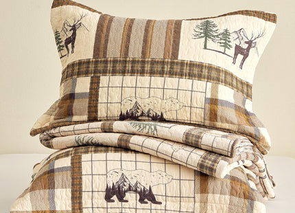 100% Cotton Rustic Cabin Bear Moose Quilt Set, Neutral Brown, Queen 90"x98"