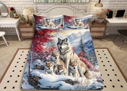 Castle Fairy Wolf Family Bed Sheet Set Twin Size 3Pcs,Animal Wolves Printed Fitted Sheet Set for Kids Boys Teens,Winter Natural Wildlife Bedding Set with 1 Flat & 1 Fitted Sheet with 1 Pillowcase