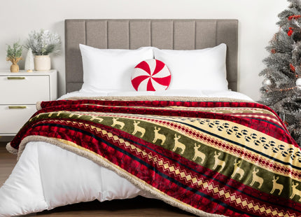 PAVILIA Premium Christmas Sherpa Throw Blanket, Green Red Cabin Design with Reindeer Print, Ultra Soft Reversible Fleece & Sherpa 50x60 Cozy Winter Blanket, Cozy Christmas & Holiday Decor