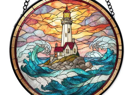 FIVITY 7.8" Lighthouse Suncatcher Stained Glass Window Hanging Ocean Light House Sun Catchers Blue Coastal Ornaments Wall Art Home Garden Room Door Decor Birthday for Women Men