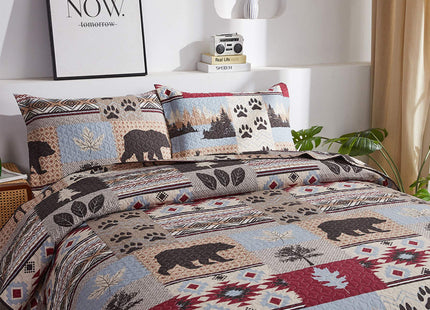Oliven Rustic Cabin Summer Moose Bear Quilts Full/Queen Size Lodge Bedspread Bear Paw Pine Tree Maple Leaves Bed Cover Soft Polyester Woodland Coverlet Set with 2 Standard Pillow Shams