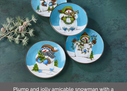 Pfaltzgraff Evergreen Ernie Snowman Porcelain Salad Plates, Set of 4, 8 Inch, Blue