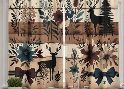 Ambesonne Woodland Kitchen Curtains, Modern Scandi Deer and Leafy Floral Huddle on Farmhouse Rustic Back, Window Drapes 2 Panel Set for Kitchen Cafe Decor, 55" x 36", Caramel Beige Dark Teal