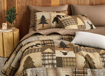 Wake In Cloud - Rustic Quilt Set, Cabin Country Christmas Bear Deer Wildlife Plaid Lodge Western Theme, Reversible Lightweight Bedspread Coverlet, 3 Pieces, Taupe Brown, Queen/Full Size