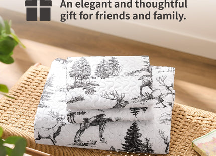 PPOLCA Rustic Twin Quilt Bedding Set, Christmas Lightweight Reversible Cabin Deer Bedspread Coverlet, 2-Piece Lodge Bed Cover Quilt with 1 Pillow Sham for All Season, White and Black
